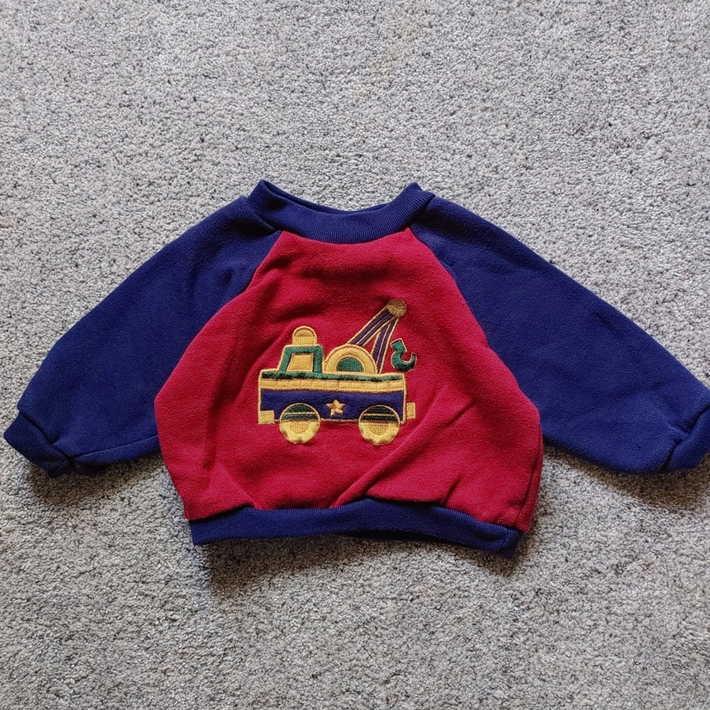 90s Colorblock Small Steps Kids 18M Raglan Sweatshirt Embroidered Tow Truck